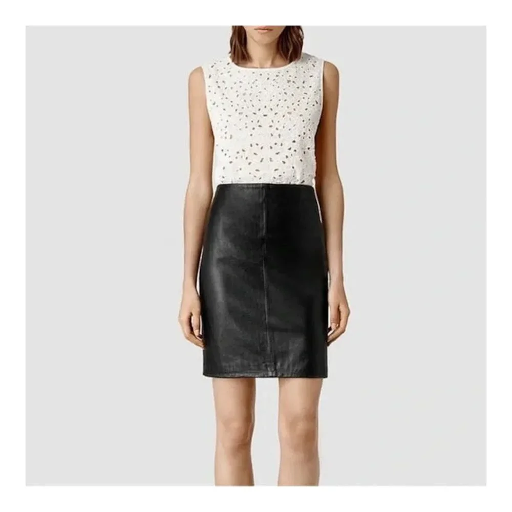AllSaints Black Leather Pencil Skirt with Back Zip